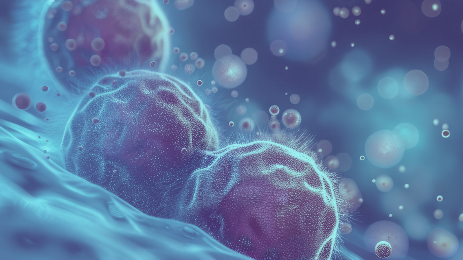 Microscopic view of rounded, textured cells glowing in purple and blue against a floating bokeh background.