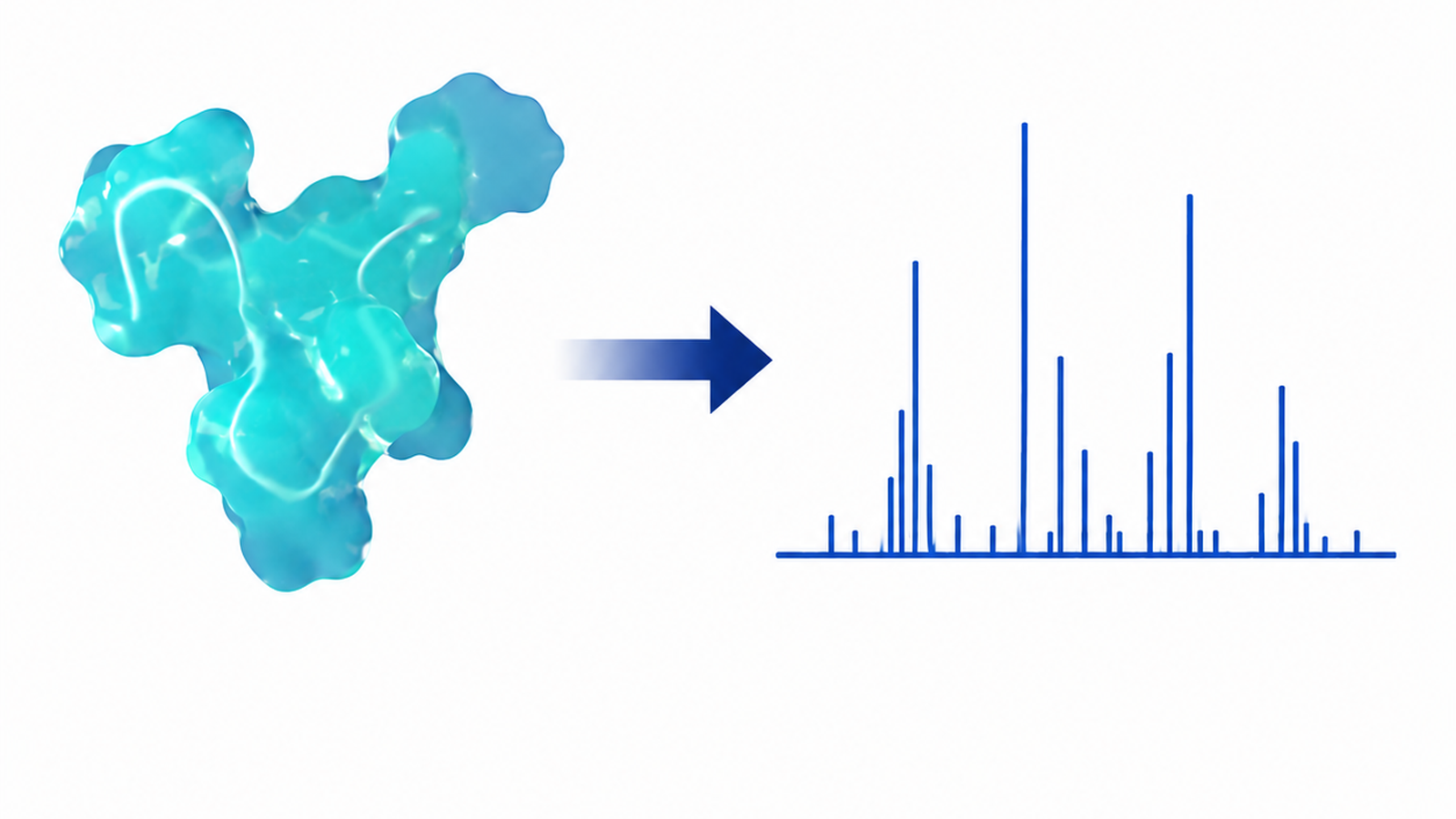 A blue molecular surface model points with a blue arrow to a line-based mass spectrum plot on a white background.
