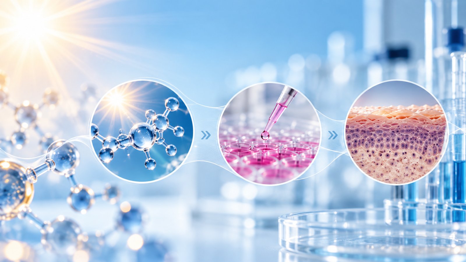 Three circular insets show a molecule in sunlight, a pipette dripping pink liquid, and skin tissue layers.